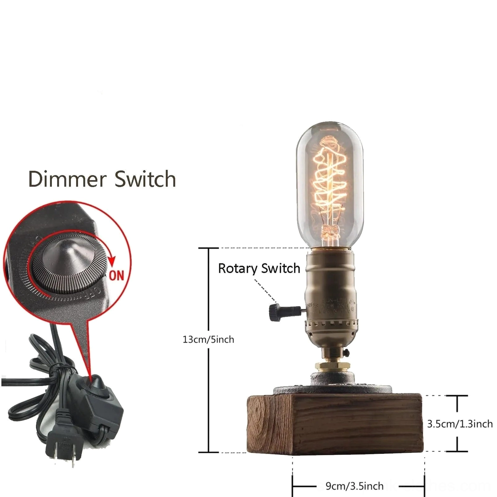 Edison steampunk table lamp product specifications and dimensions sheet with dimmer switch details and assembly information