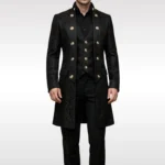 Black Edwardian steampunk tailcoat with double-breasted gold buttons, front full-body view on male model