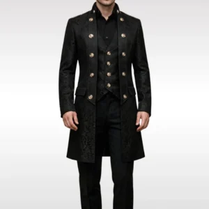 Black Edwardian steampunk tailcoat with double-breasted gold buttons, front full-body view on male model