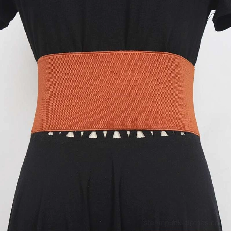 Camel brown elastic steampunk waist belt worn on mannequin in black dress showing proper waist positioning, proportions, and how triple straps frame the silhouette