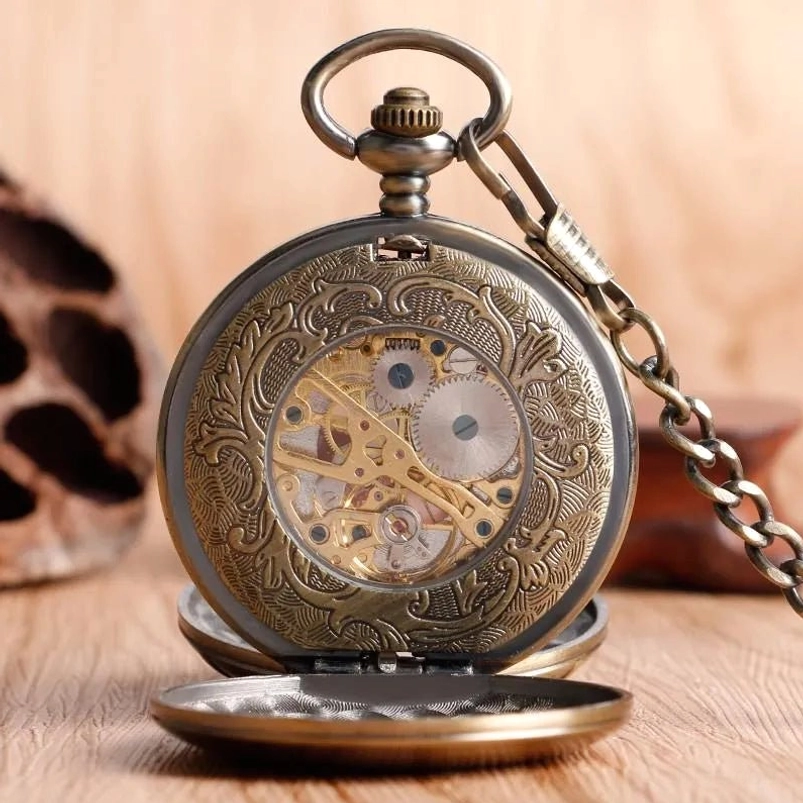 Engraved hunter-case skeleton steampunk pocket watch with flipped cover, floral engraved case, exposed mechanical gears, bronze finish