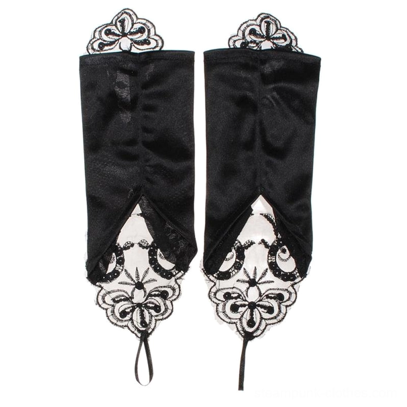 Pair of black evening steampunk gloves with embroidered lace trim and finger loop - flat lay product shot on pure white background