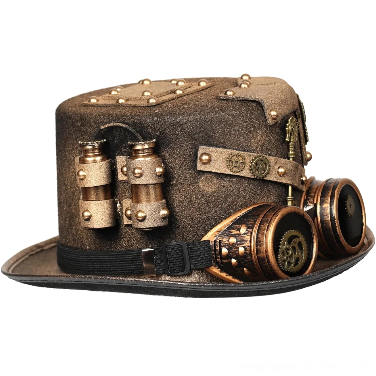Steampunk explorer hat side view with dual brass flask attachments, riveted leather straps, and gear-adorned side-mounted goggles