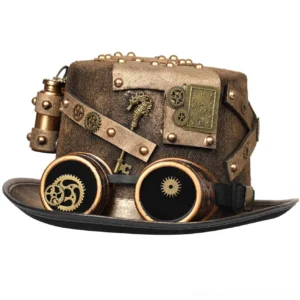 Steampunk top hat front angle featuring bronze-brown finish, gear-lensed goggles, and vintage key decoration detail