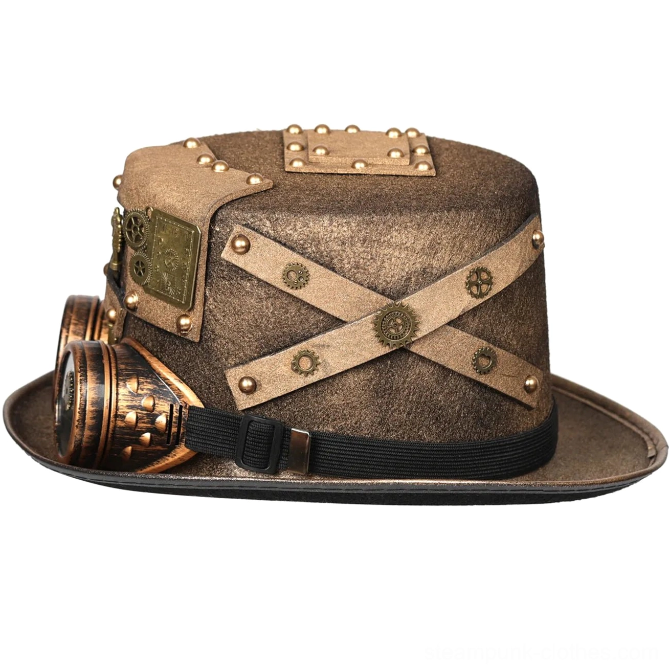 Steampunk top hat left profile displaying crossed riveted leather straps, metal gear plaques, and removable goggles positioning