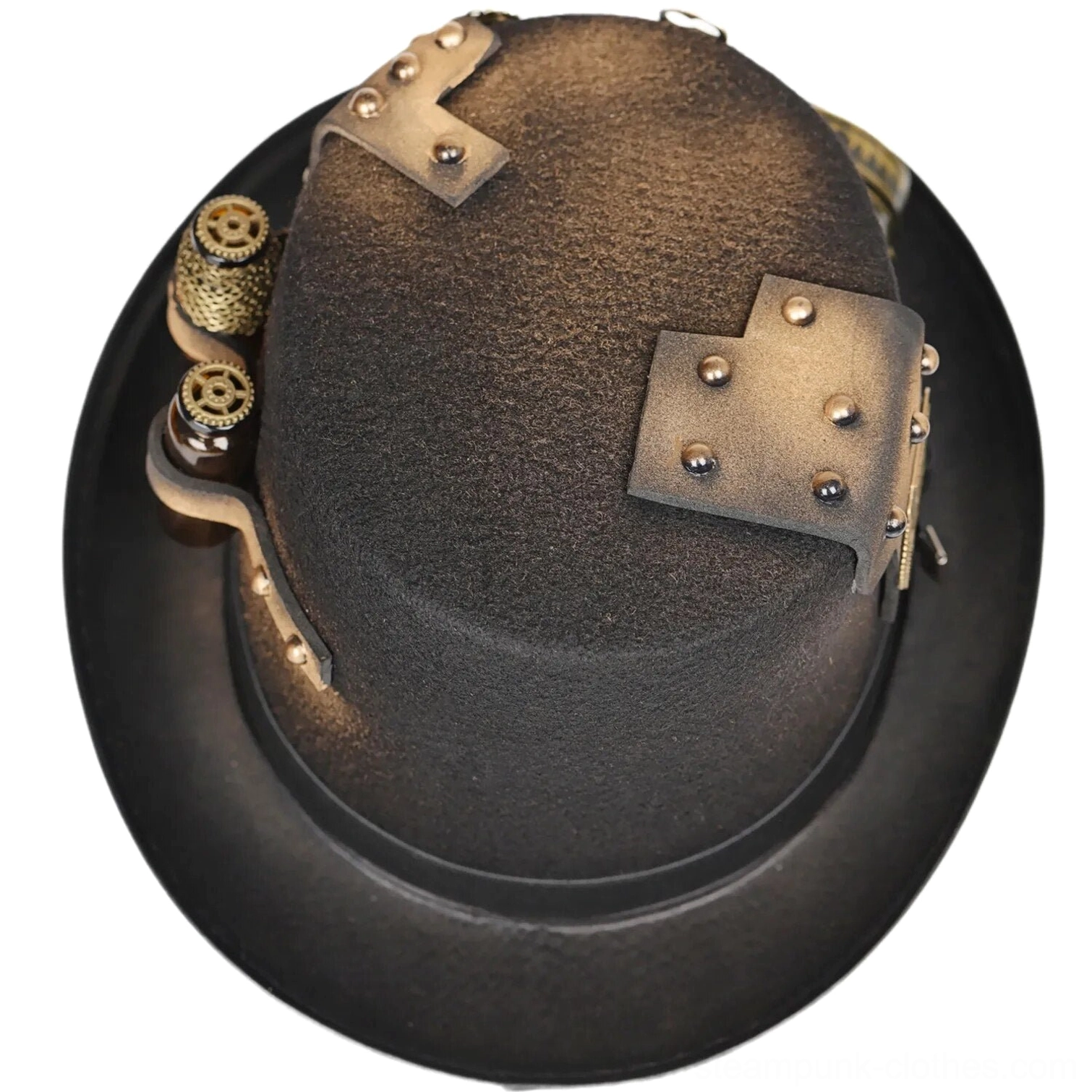 Steampunk explorer hat overhead rear view showing matte black brim, riveted leather patches, brass gear accents, and overall construction details