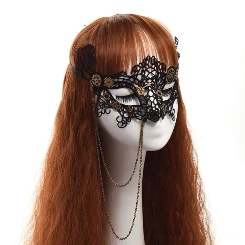Steampunk gothic eye mask with black lace and brass gear ornaments worn by mannequin - right 3/4 angle