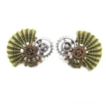 Steampunk fan gear stud earrings with bronze and silver mixed metal finish, flat frontal view showing Japanese fan-shaped design with layered mechanical gears