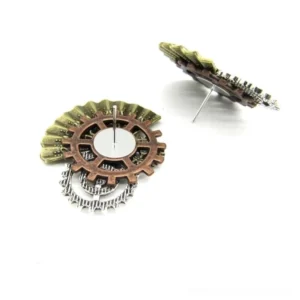Close-up of steampunk gear stud earrings featuring large bronze gear with silver under-gears, flat circular center design on white background