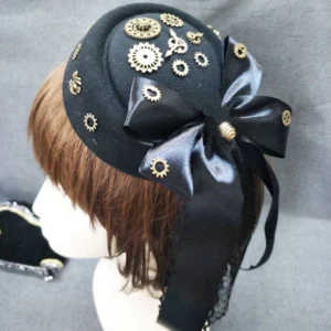Steampunk fascinator mini hat with brass gears and lace trim on mannequin head, side angle view