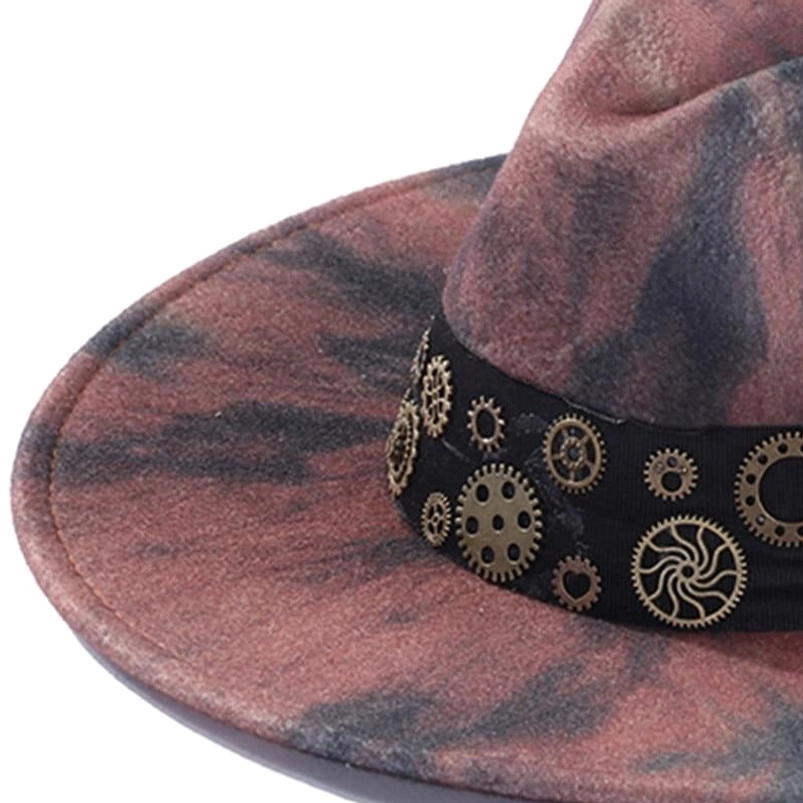 Close-up detail of steampunk fedora showing vintage brass gear ornaments, felt texture, and black adjustable hat strap