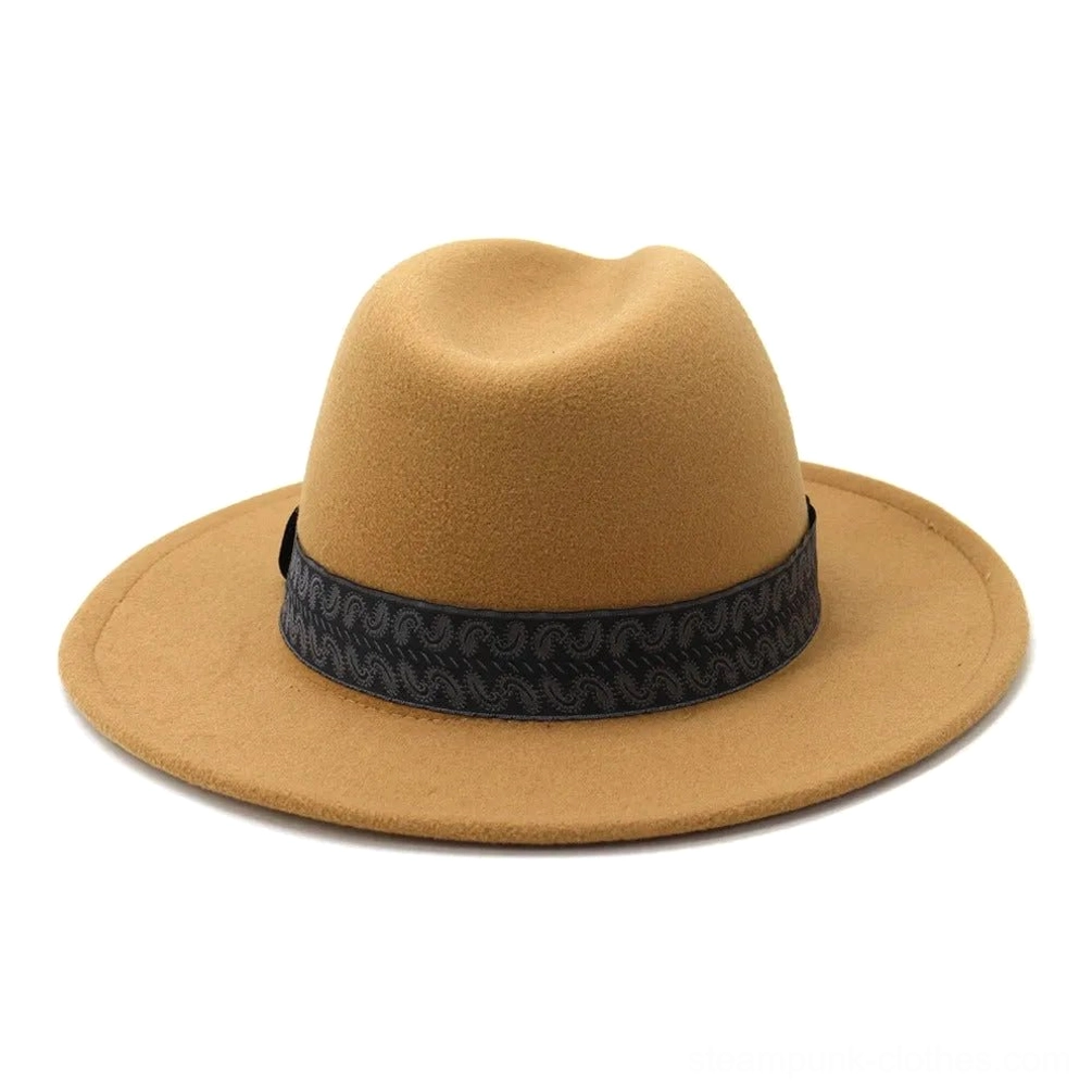 Tan wool felt steampunk fedora hat direct front facing view, showing structure and paisley band design