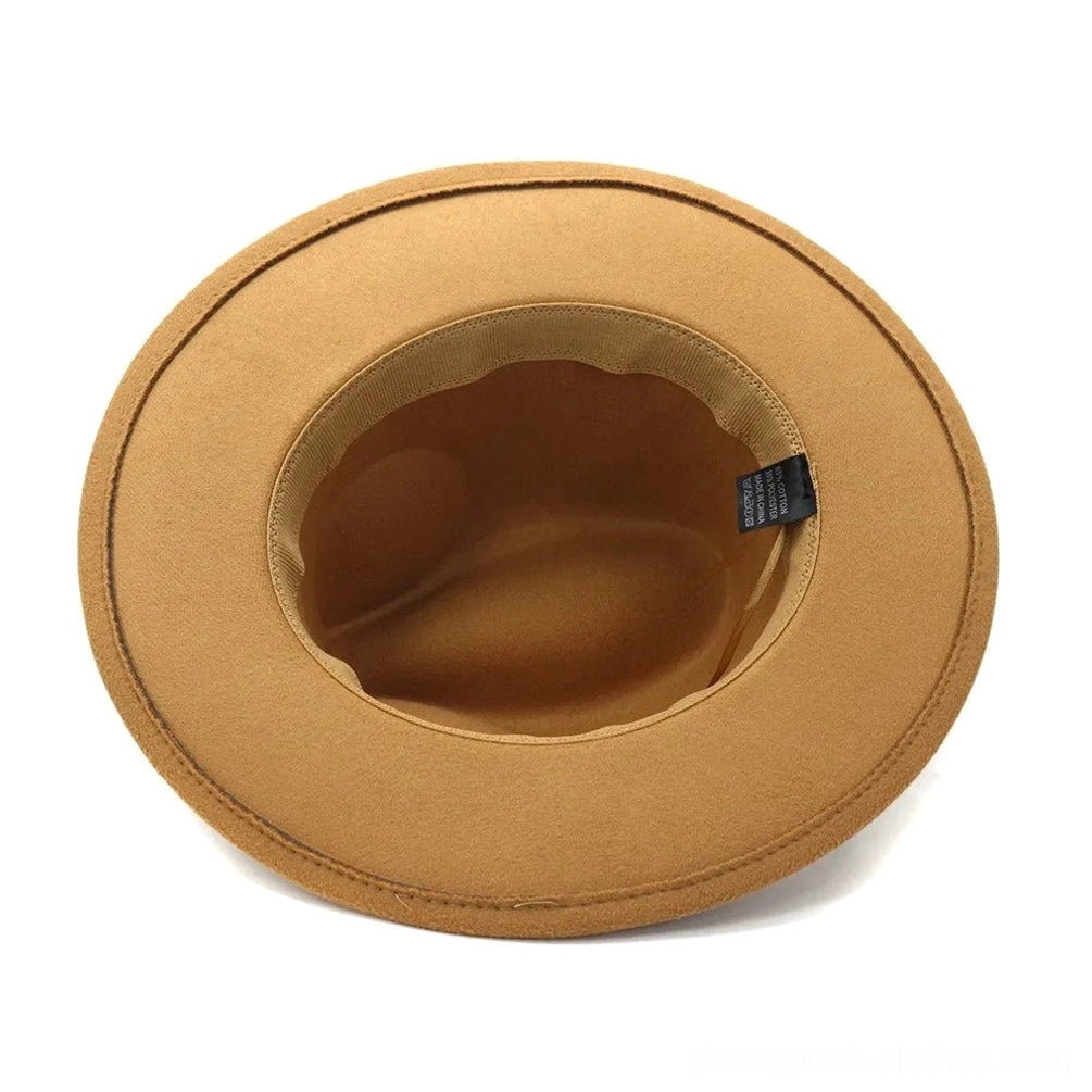 Interior view of steampunk fedora hat showing wool felt lining and construction details