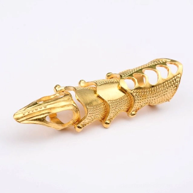 Bright gold steampunk finger armor with polished finish smooth and dotted textured surface full finger sleeve design