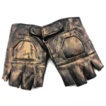 Pair of distressed bronze steampunk fingerless gloves with hexagonal padding, flat lay front view on white background showing full design