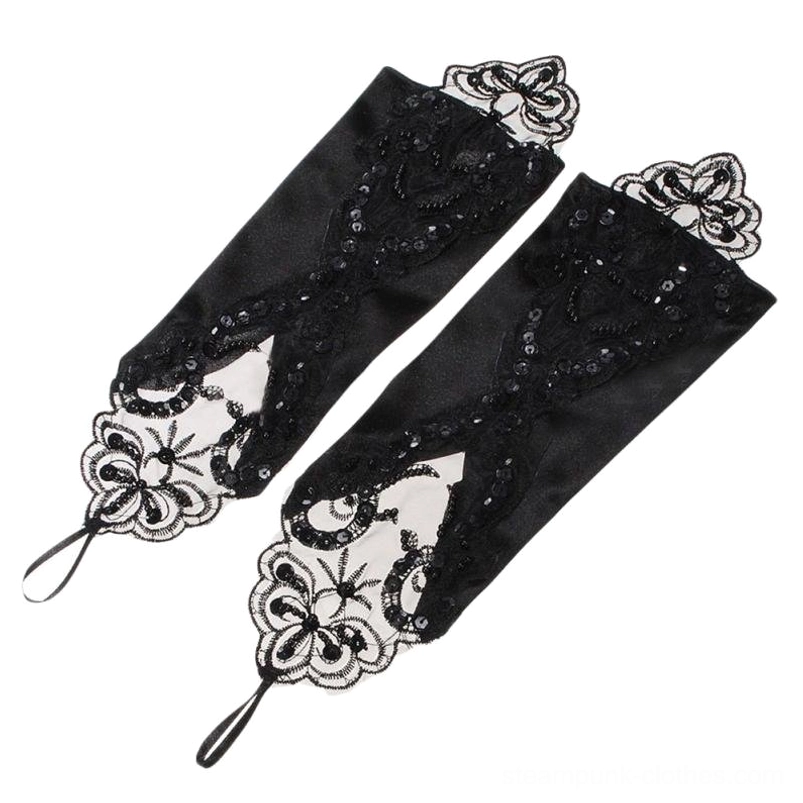 Pair of black fingerless steampunk gloves with cross-cut lace design, sequin details, and finger strap - flat lay product view on white background