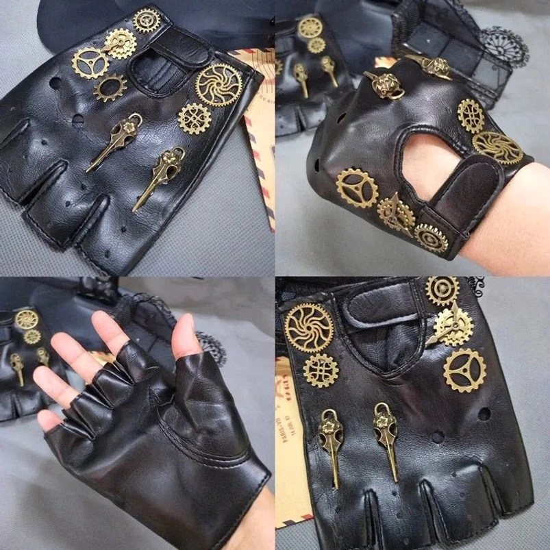 Steampunk fingerless biker gloves showing multiple viewing angles with black leather and steampunk decorations