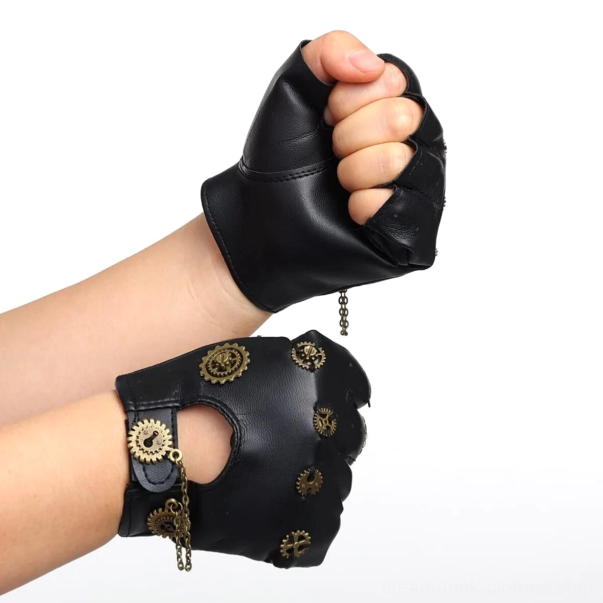 Steampunk fingerless leather gloves worn on two hands against white background, showing bronze gear decorations and chain accent detail