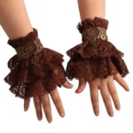 Steampunk fingerless lace gloves with ruffled brown lace and vintage brass gear pendants worn on real female hands, front flat view
