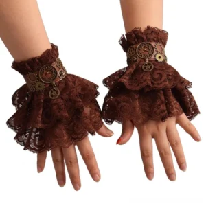 Steampunk fingerless lace gloves with ruffled brown lace and vintage brass gear pendants worn on real female hands, front flat view
