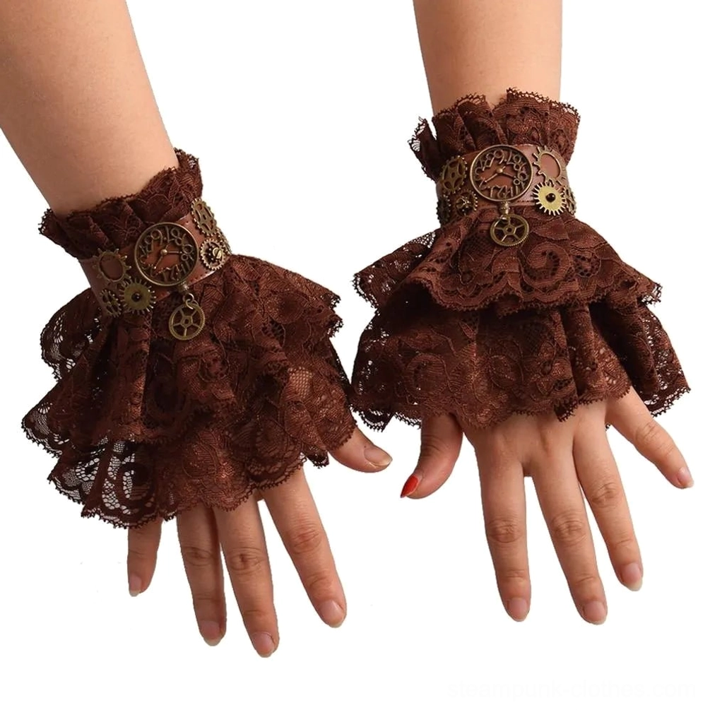 Steampunk fingerless lace gloves with ruffled brown lace and vintage brass gear pendants worn on real female hands, front flat view