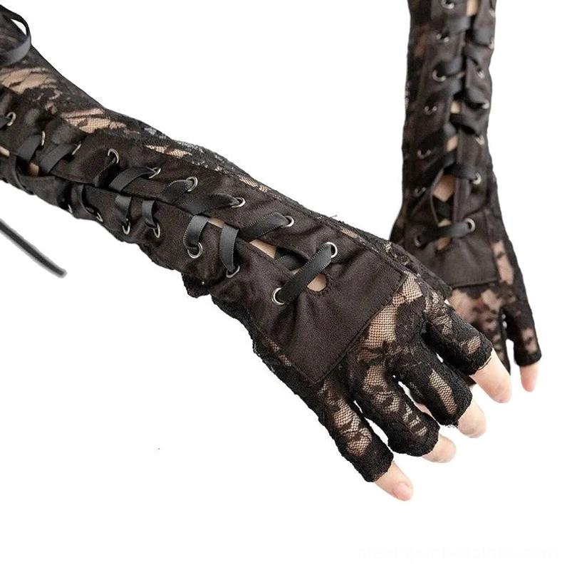 Black steampunk fingerless lace gloves side view showing metal eyelets and ribbon tie closure with sheer lace fabric