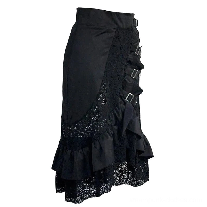 Steampunk fishtail skirt with side buckles and sheer lace panels, gothic black design, side view presentation