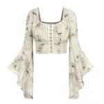 Victorian flare sleeve steampunk crop top with square neckline and purple ink floral print, front flat view