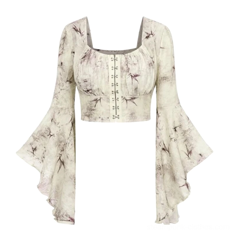 Victorian flare sleeve steampunk crop top with square neckline and purple ink floral print, front flat view