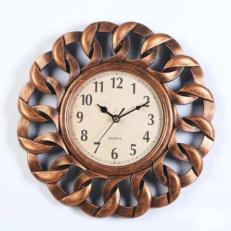 Copper brown steampunk wall clock with intertwined flower border, vintage quartz mechanism, and aged brass patina