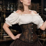 Steampunk floral underbust corset front view, bronze-black jacquard fabric with front busk closure and black satin edging, worn on female model in vintage steampunk workshop setting