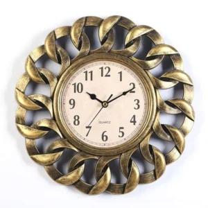 Antique brass steampunk floral wall clock with interwoven flower-shaped metal frame and quartz movement, vintage Victorian design