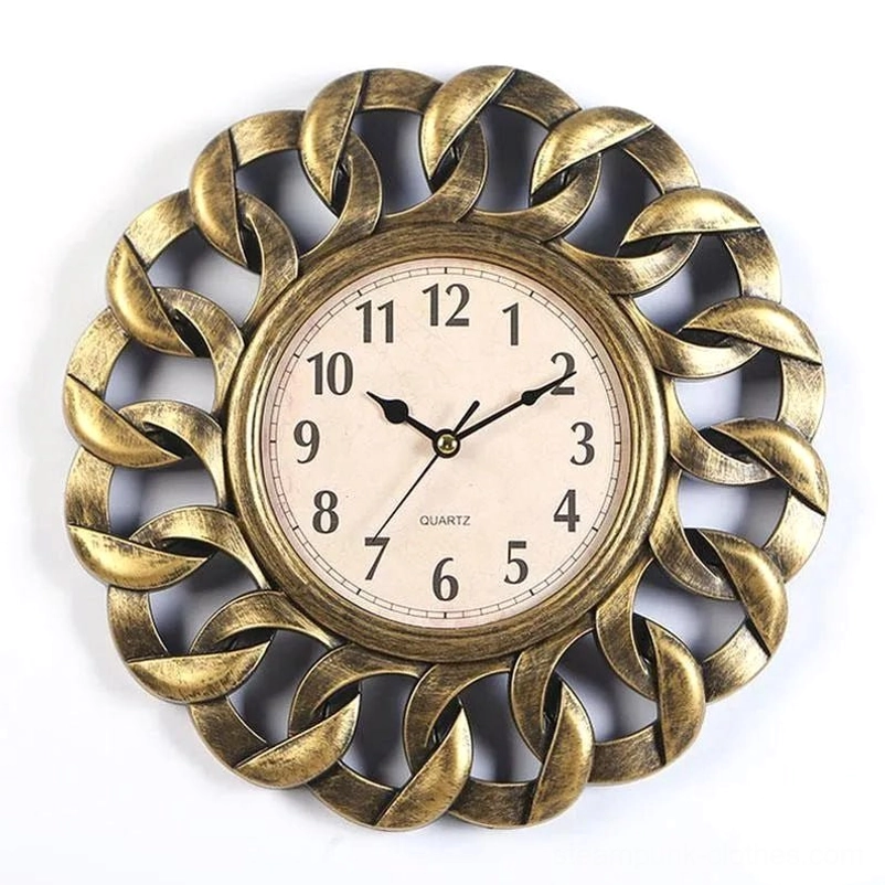 Antique brass steampunk floral wall clock with interwoven flower-shaped metal frame and quartz movement, vintage Victorian design