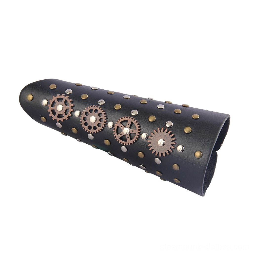 Steampunk forearm bracer side oblique view showcasing dual-tone rivet detailing and mechanical gear motifs - adjustable lace-up armor side profile