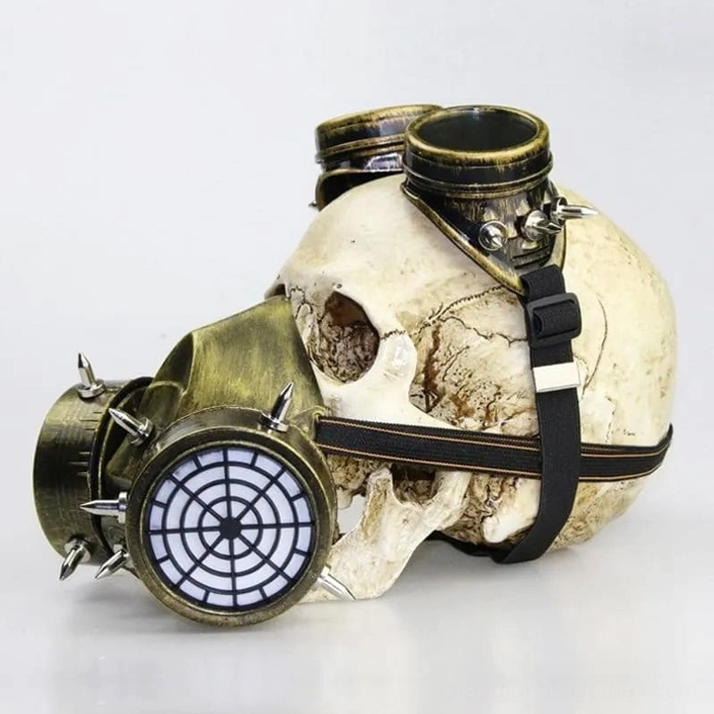 Steampunk gas mask rear three-quarter view on skull prop - bronze metal finish with top-mounted filter canisters and industrial construction