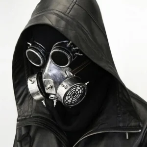 Steampunk atompunk gas mask left three-quarter view - silver matte finish with grid-patterned air filter on model in black hooded leather jacket