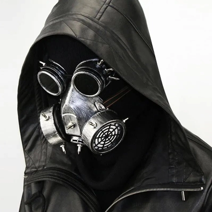 Steampunk atompunk gas mask left three-quarter view - silver matte finish with grid-patterned air filter on model in black hooded leather jacket