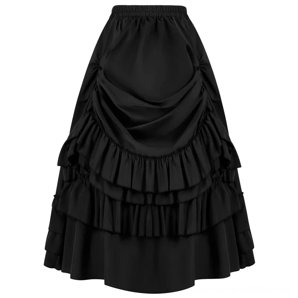 Black steampunk gathered maxi skirt with layered ruffles, front flat lay view showing draped design and elastic waistband