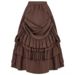 Brown steampunk gathered maxi skirt with layered ruffles, front flat lay view showing elastic waist and draped silhouette