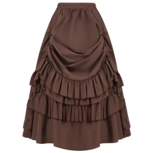 Brown steampunk gathered maxi skirt with layered ruffles, front flat lay view showing elastic waist and draped silhouette