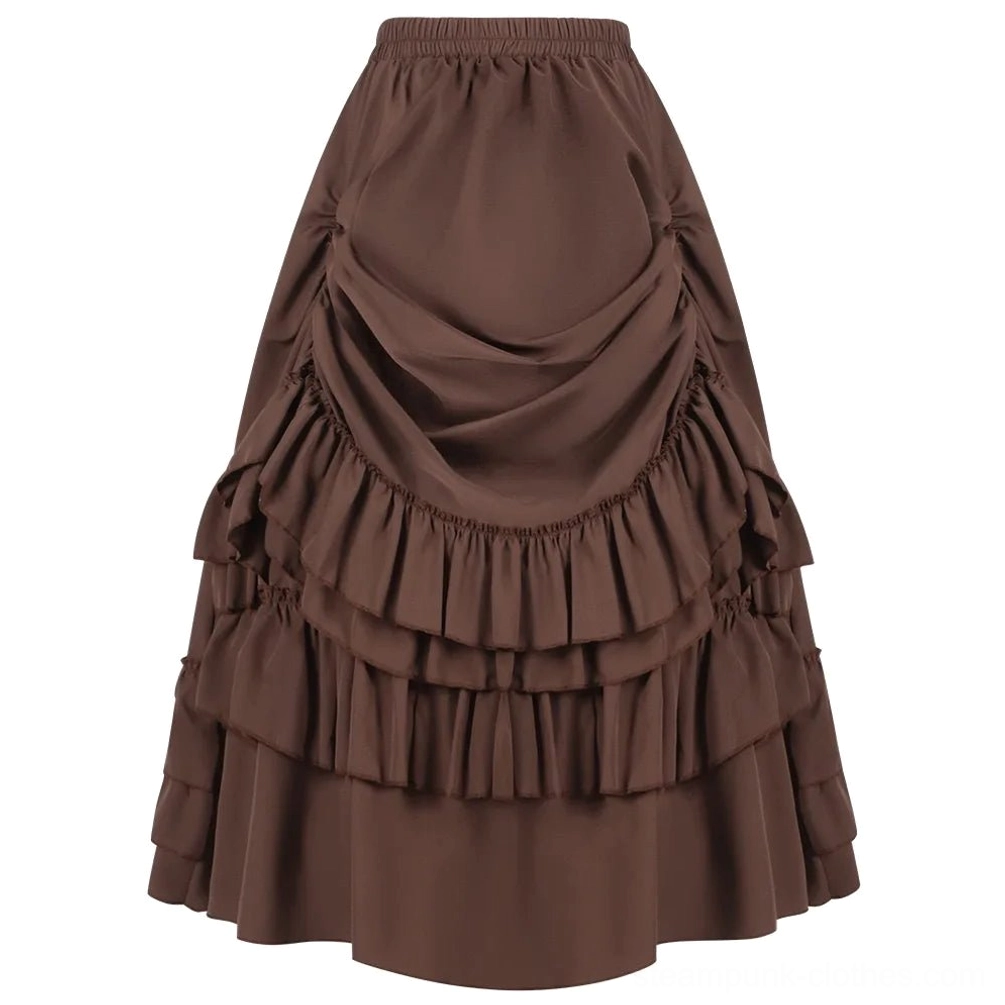 Brown steampunk gathered maxi skirt with layered ruffles, front flat lay view showing elastic waist and draped silhouette