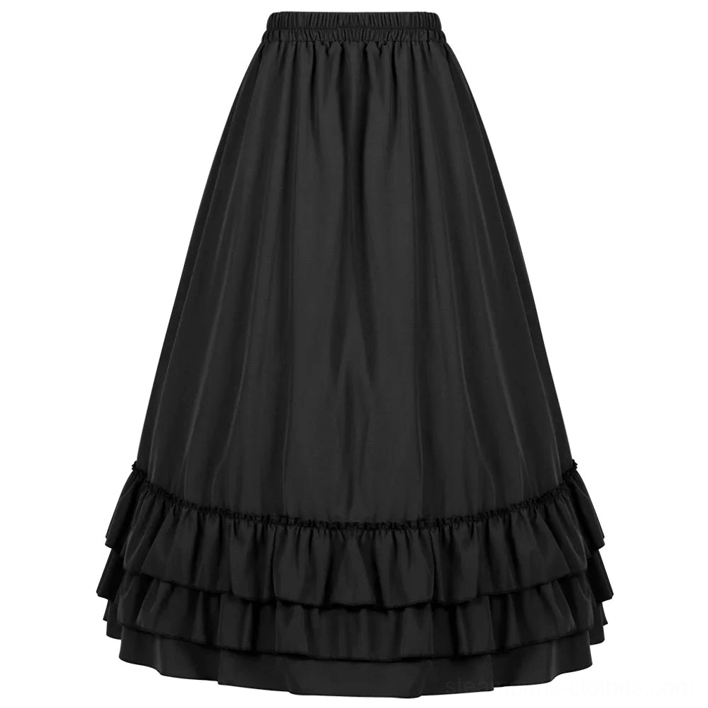 Solid black steampunk ruffled maxi skirt flat lay displaying full length elegant silhouette and layered hem