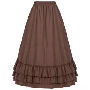 Solid brown steampunk ruffled maxi skirt flat lay displaying full length and layered hem construction
