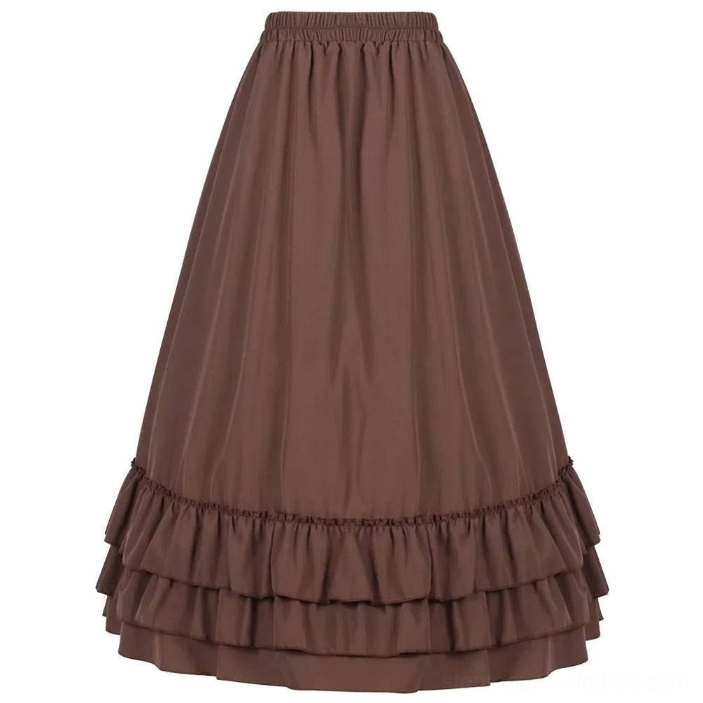 Solid brown steampunk ruffled maxi skirt flat lay displaying full length and layered hem construction