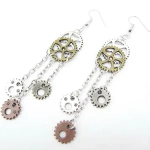 Steampunk gear chain dangle earrings with mixed metal tones and multi-chain tassel design shown from oblique dual-side perspective