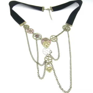 Steampunk mechanical gear choker necklace with layered metal chains and velvet strap, flat lay top view