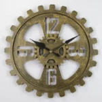Steampunk gear wall clock with aged bronze textured finish, hollow gear frame featuring cut-out numerals on plain white background - front view