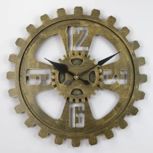 Steampunk gear wall clock with aged bronze textured finish, hollow gear frame featuring cut-out numerals on plain white background - front view