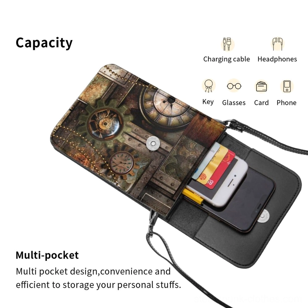 Open steampunk crossbody bag interior showing multi-pocket organization system including cell phone pocket, interior slot pocket, and main compartment with black polyester lining and distressed vintage gear print exterior details