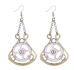 Steampunk gear drop earrings with dual-tone metal dual-tone finish, featuring intricate gear pendants on delicate chain drops - front view on white background